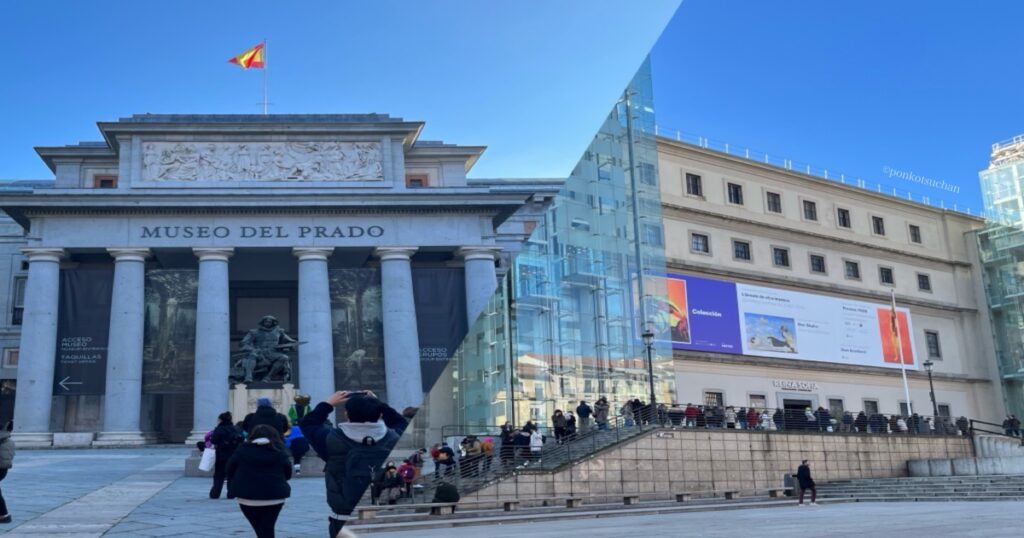 マドリードの主要美術館であるプラド美術館とレイナ・ソフィア美術館の外観を比較した写真。プラド美術館のクラシックな正面入口と、レイナソフィア美術館のガラス張りエレベーター前に続く入場列が並ぶ様子。