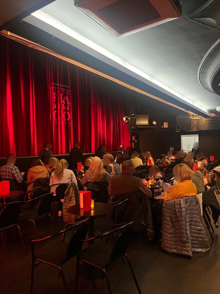 マドリードのフラメンコ劇場「テアトロ・フラメンコ・マドリード」の座席配置。ステージ前に小さな丸テーブルとキャンドルライトが並び、飲み物を楽しみながら鑑賞できるタブラオ式会場の前方の雰囲気がわかる写真。