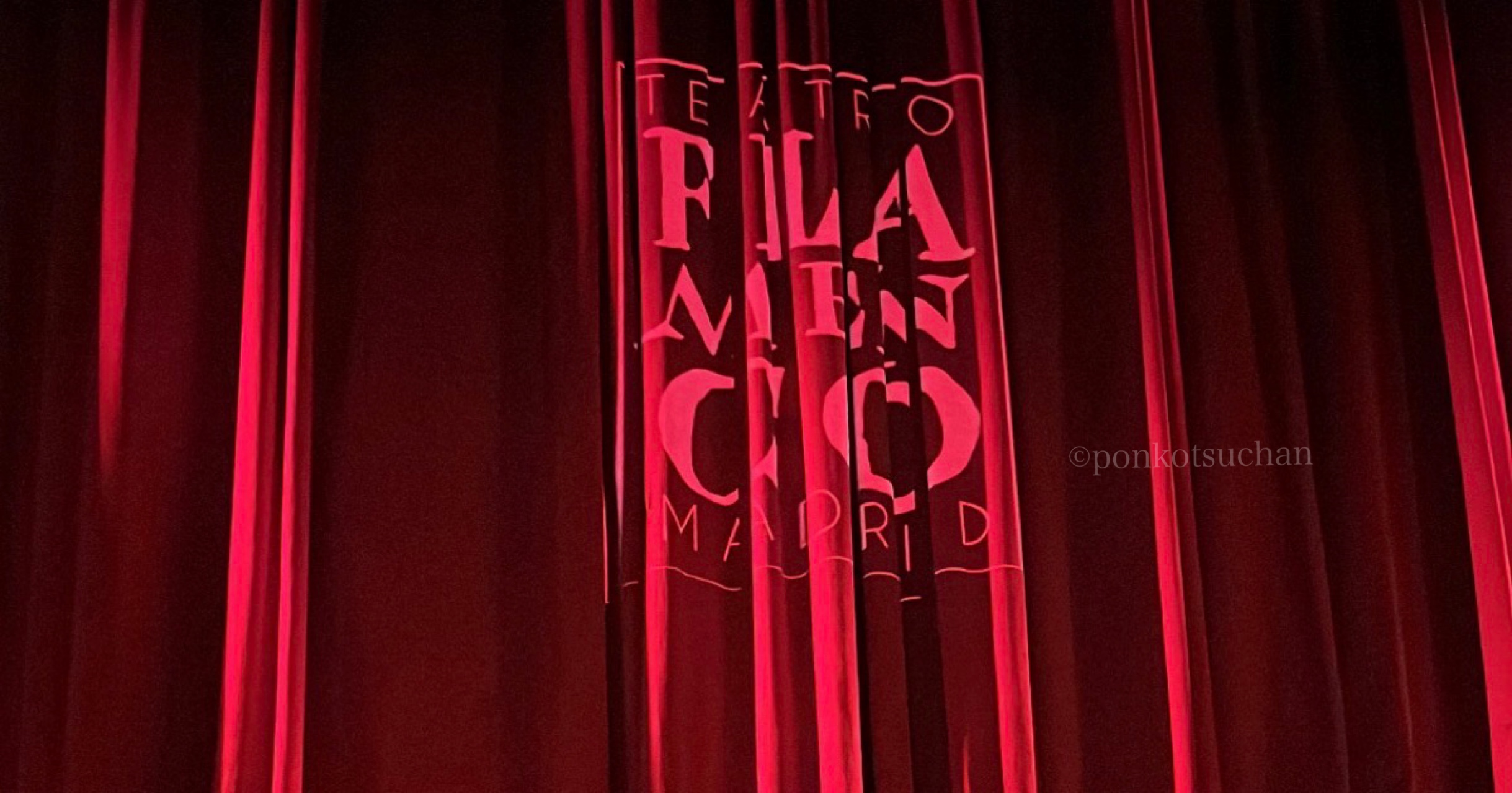 マドリードの人気タブラオ「テアトロ・フラメンコ・マドリード」のステージ幕。開演前の赤いベルベットカーテンに劇場ロゴが浮かび上がる臨場感あふれるシーンで、フラメンコショーの雰囲気や会場の魅力を象徴するアイキャッチ画像。