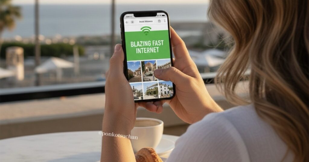 海外旅行中にスマホでインターネットを利用する様子。ahamoで快適にデータ通信